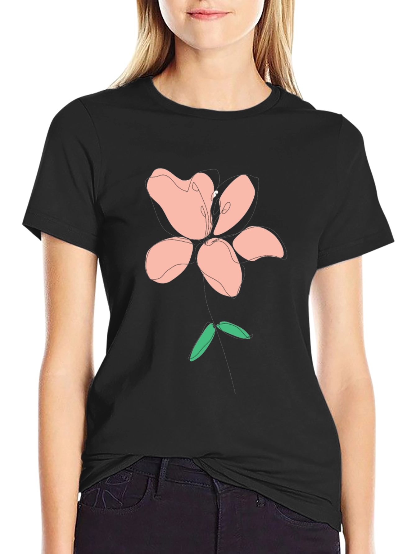 Modern Floral Graphic Tee - Black Cotton Blend