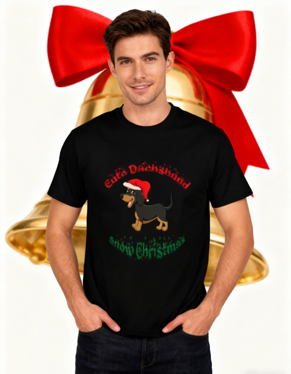 Cute Dachshund Snowy Christmas T-Shirt - 100% Cotton, Festive Exclusive for Holiday Gatherings & Casual Occasions