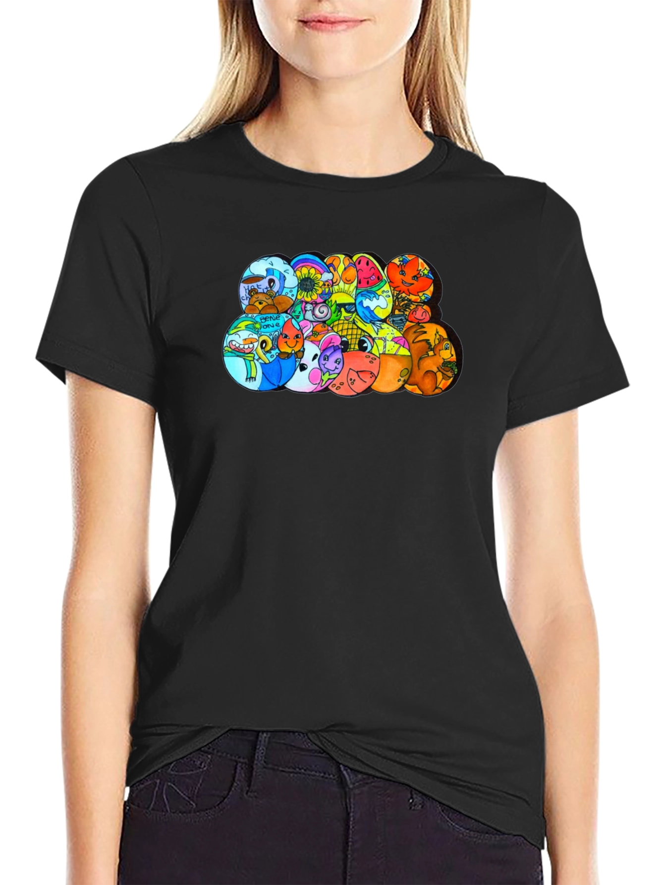 Cartoon Character Circles Black T-Shirt