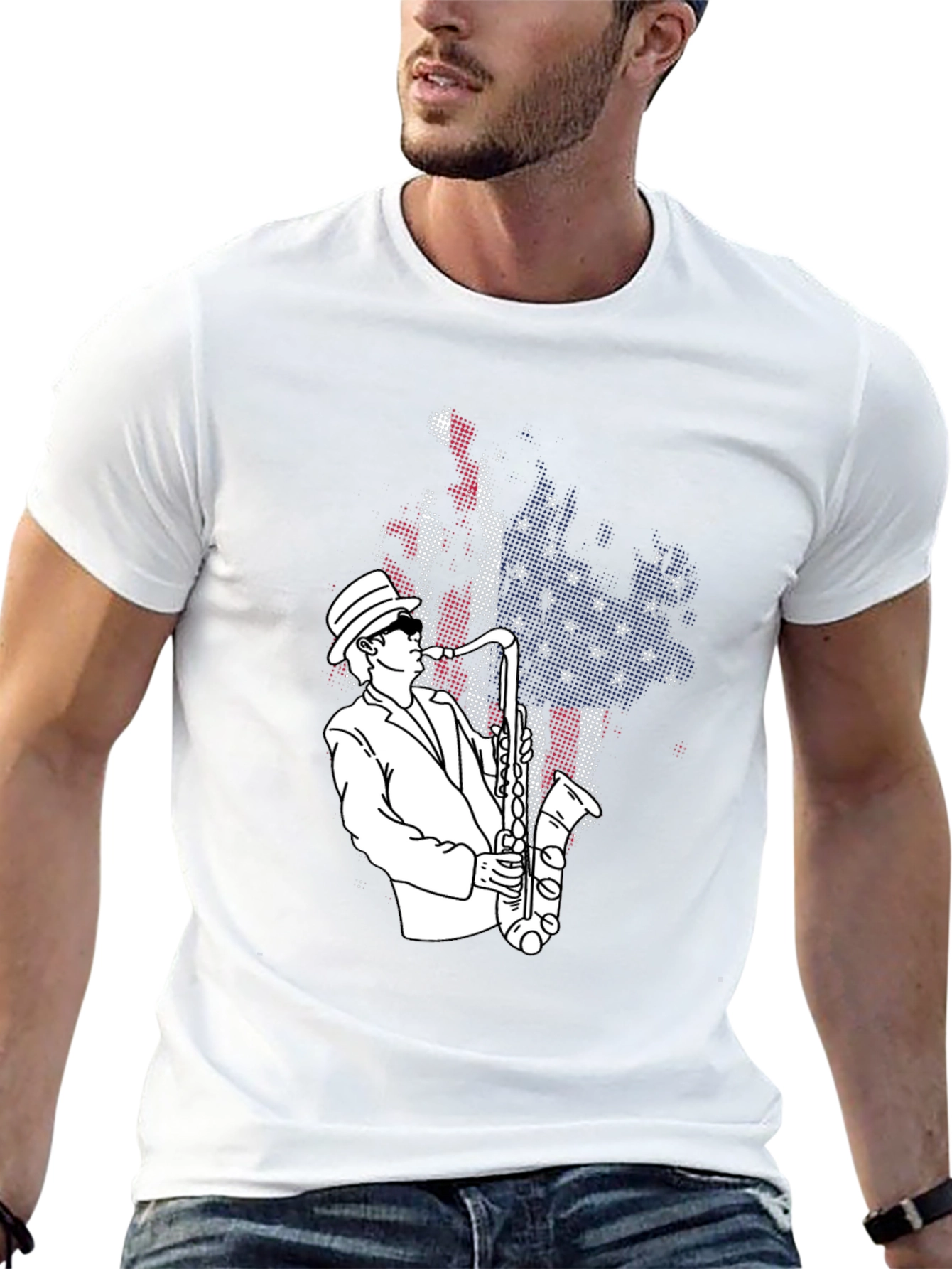 Jazz Saxophone Player T-Shirt - USA Flag Design