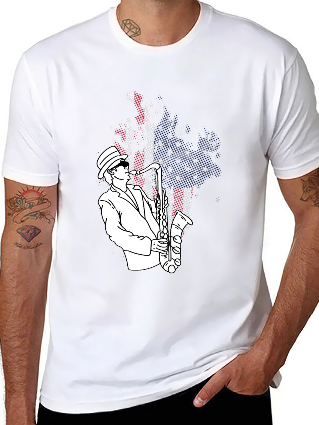Jazz Saxophone Player T-Shirt - USA Flag Design