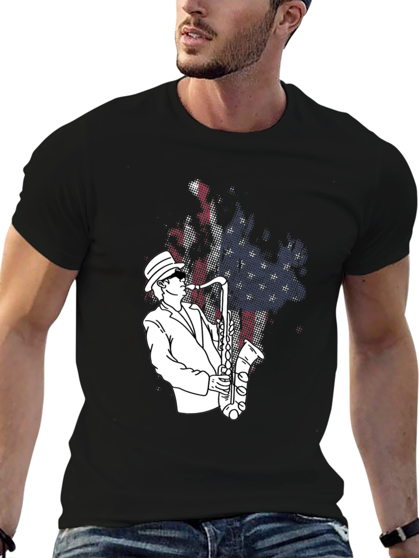 Jazz Saxophone Player T-Shirt - USA Flag Design