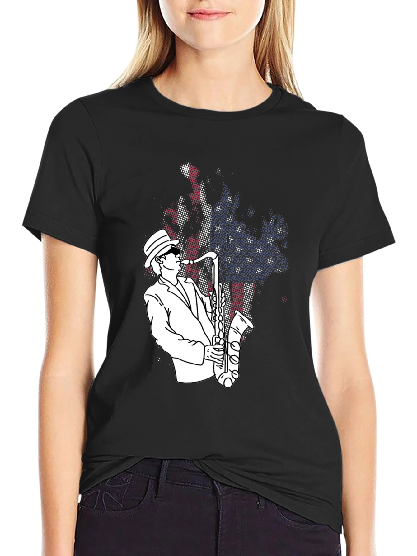 Jazz Saxophone Player T-Shirt - USA Flag Design