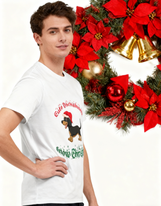 Cute Dachshund Snowy Christmas T-Shirt - 100% Cotton, Festive Exclusive for Holiday Gatherings & Casual Occasions