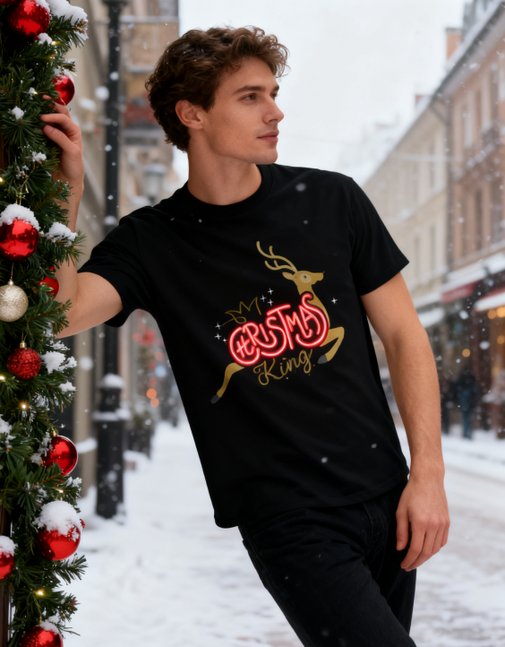 Christmas King Reindeer Neon Graphic T-Shirt - 100% Cotton, Festive Holiday Tee for Christmas Gatherings & Casual Wear