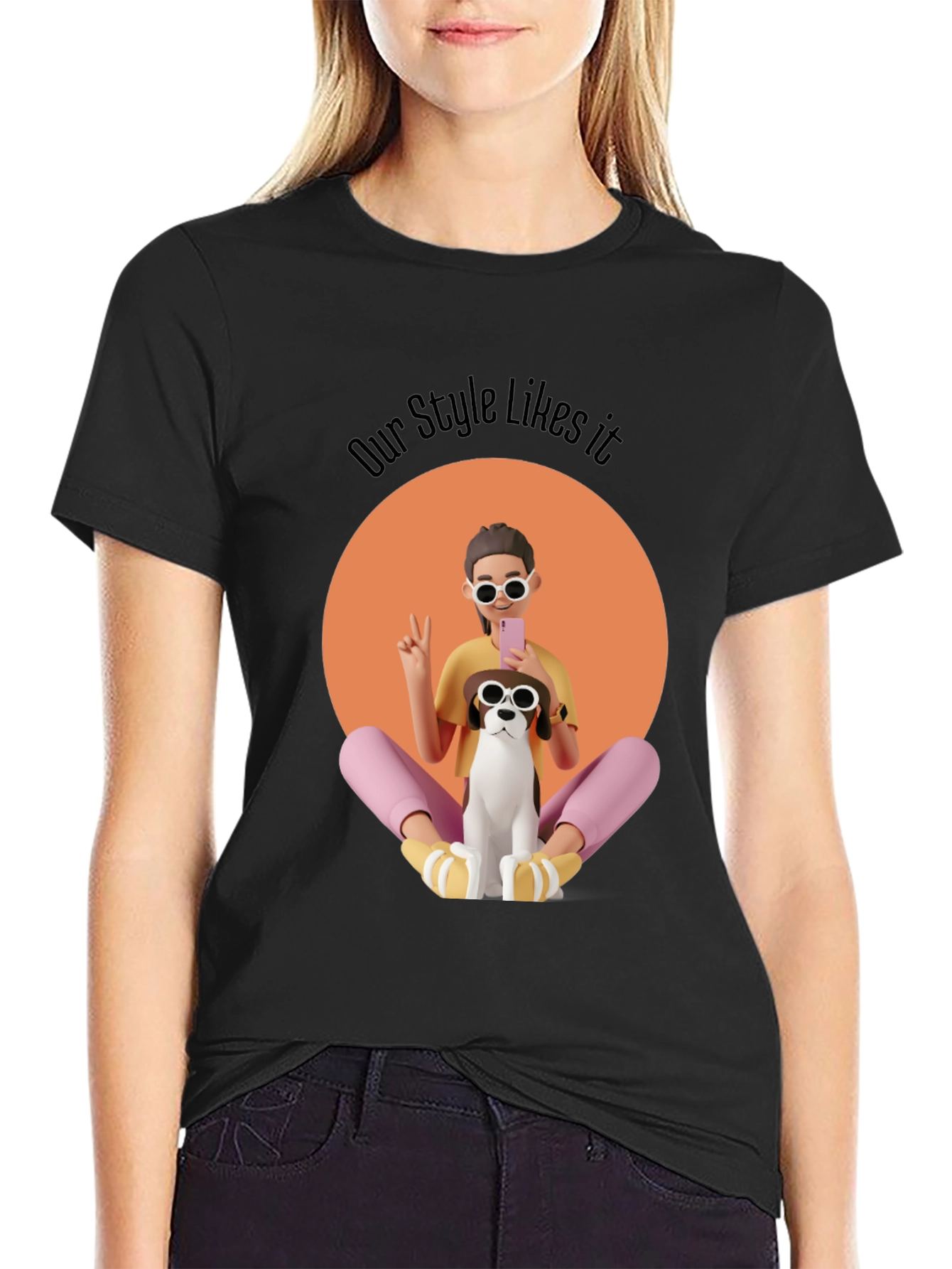 Stylish Graphic T-Shirt with Cartoon Girl and Dog