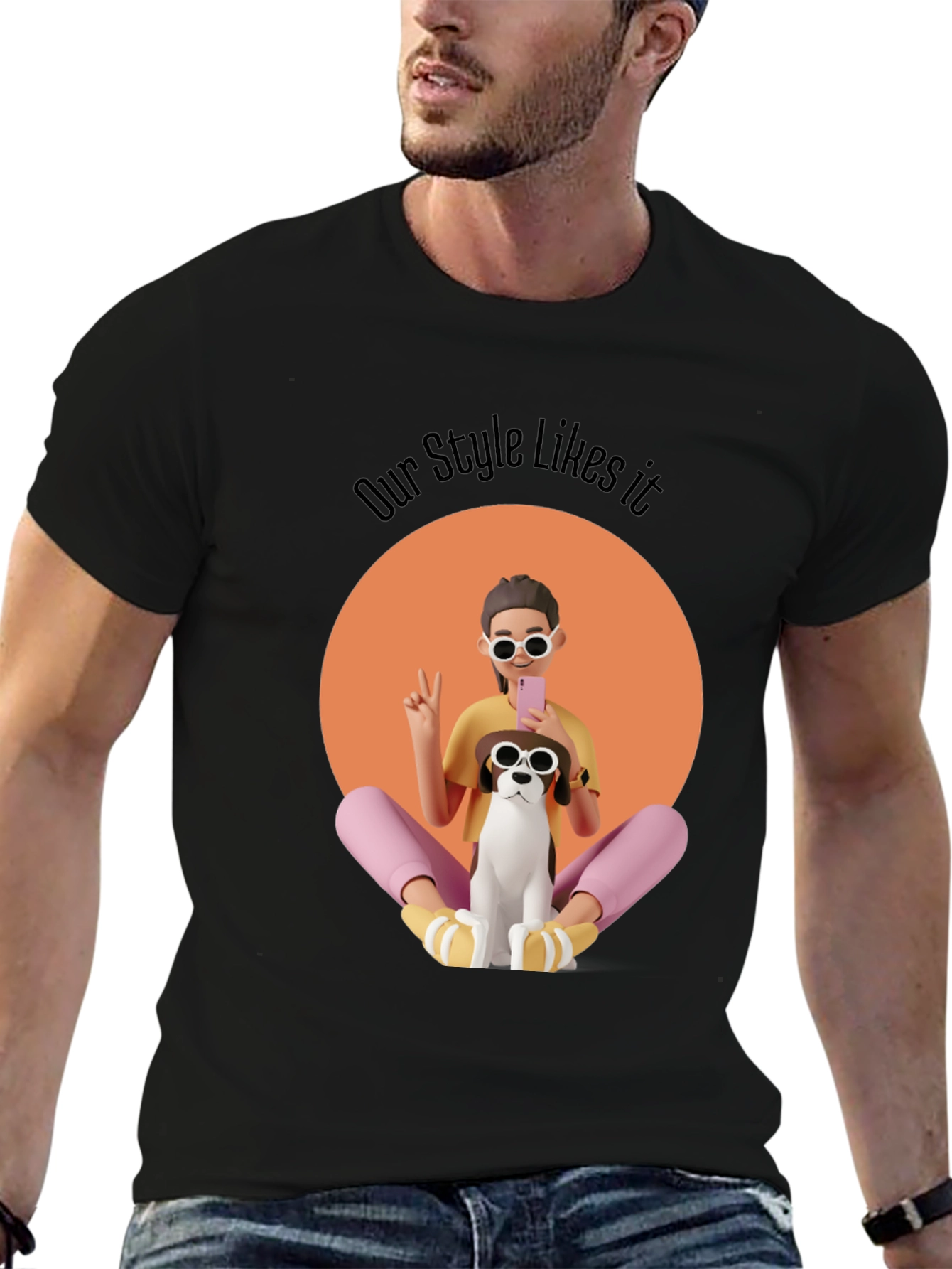 Stylish Graphic T-Shirt with Cartoon Girl and Dog