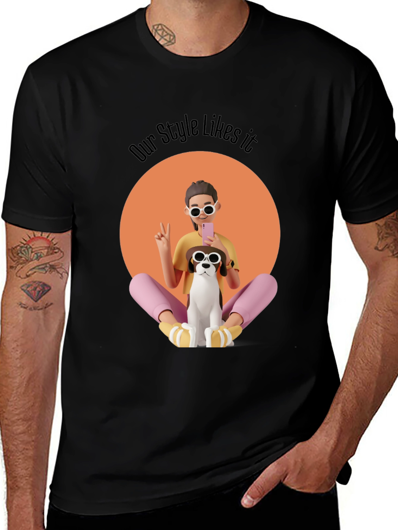 Stylish Graphic T-Shirt with Cartoon Girl and Dog