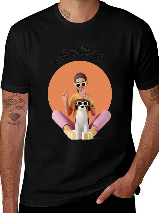 Stylish Graphic T-Shirt with Cartoon Girl and Dog