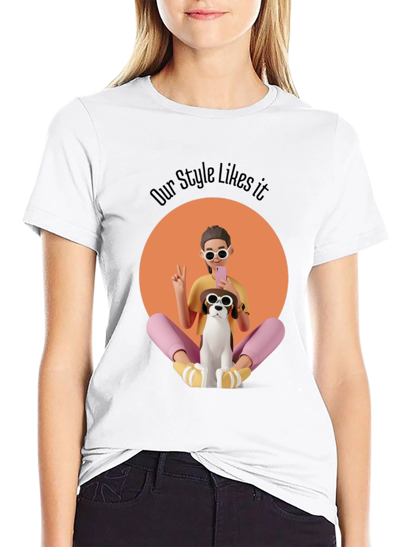 Stylish Graphic T-Shirt with Cartoon Girl and Dog