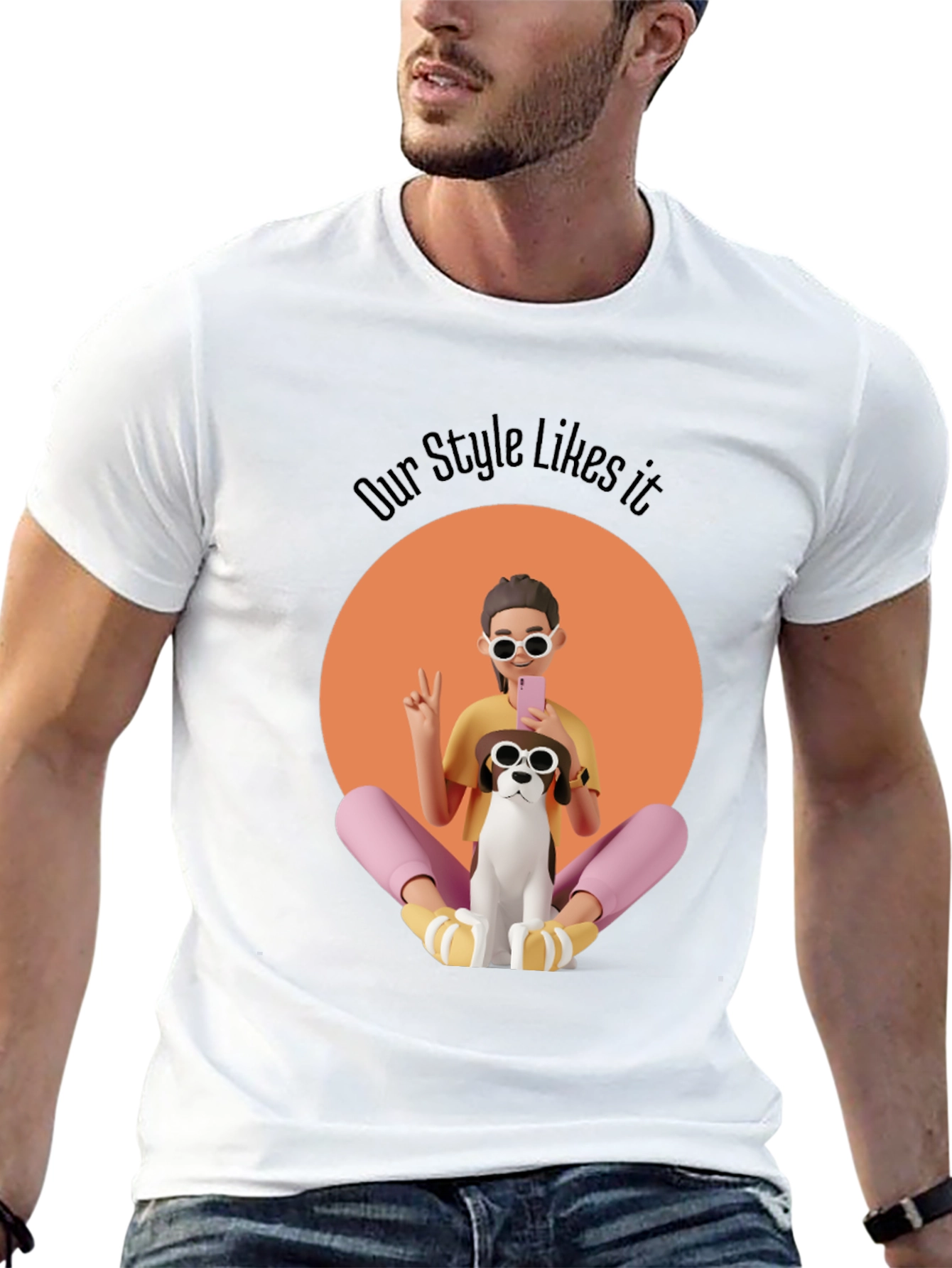 Stylish Graphic T-Shirt with Cartoon Girl and Dog