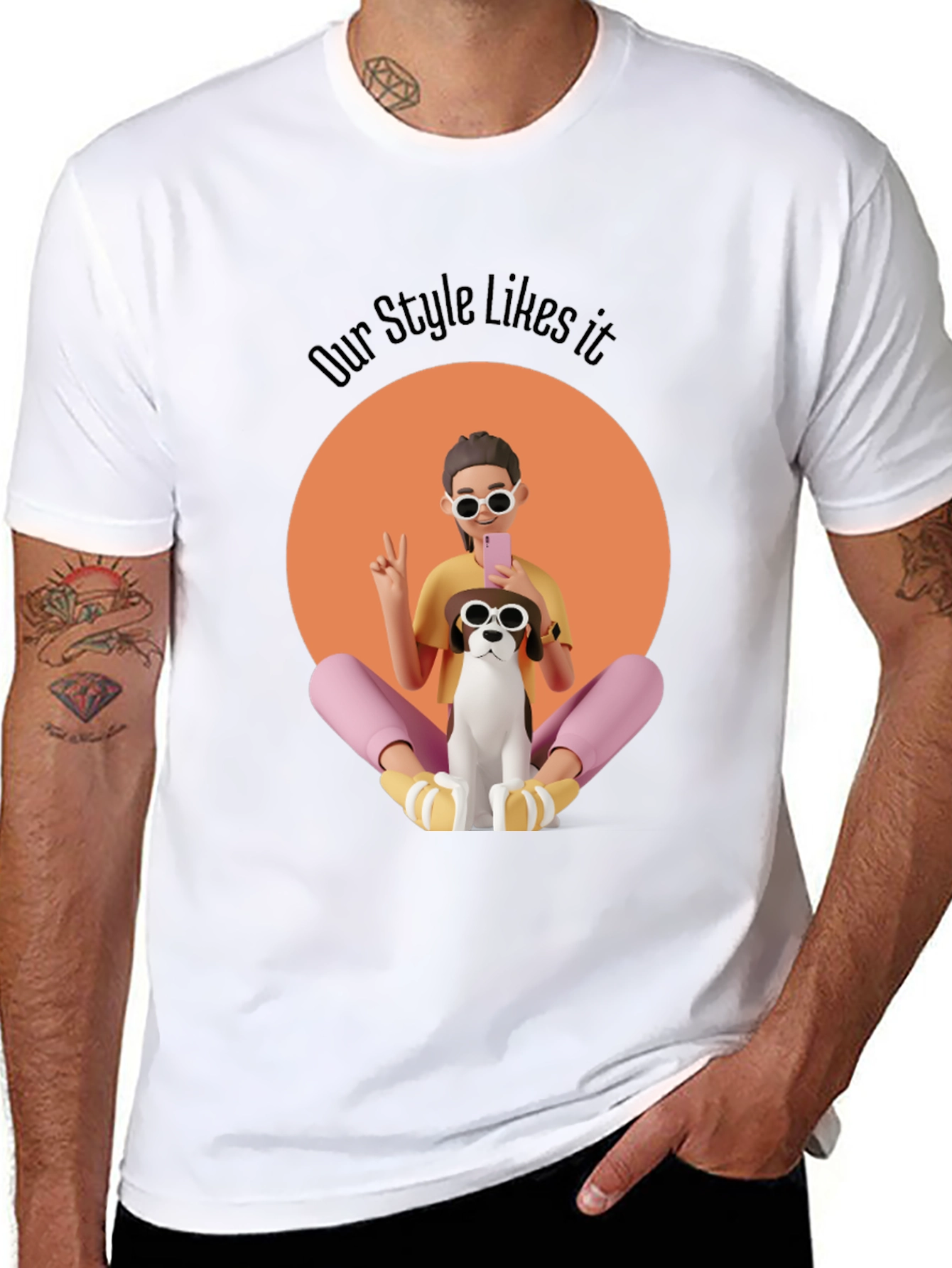 Stylish Graphic T-Shirt with Cartoon Girl and Dog
