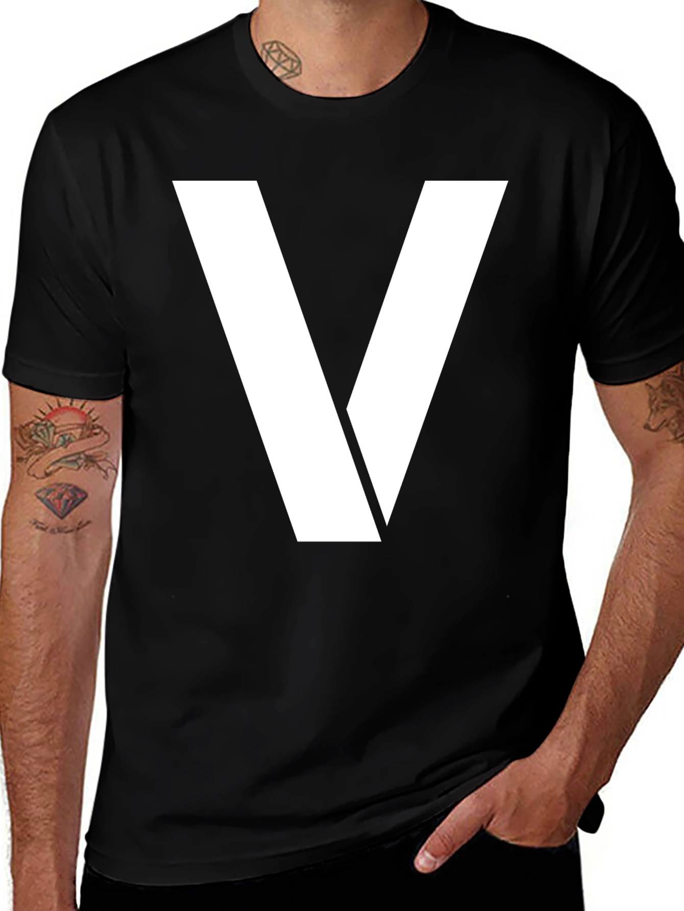 Bold White V Graphic Black T-Shirt