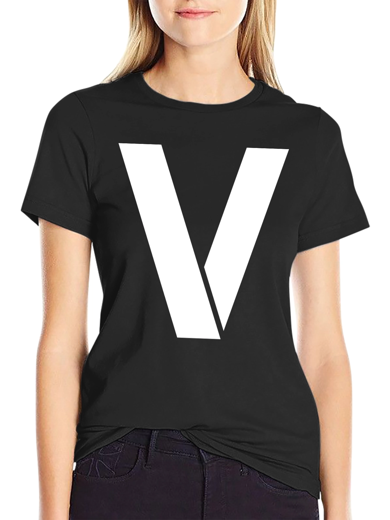 Bold White V Graphic Black T-Shirt