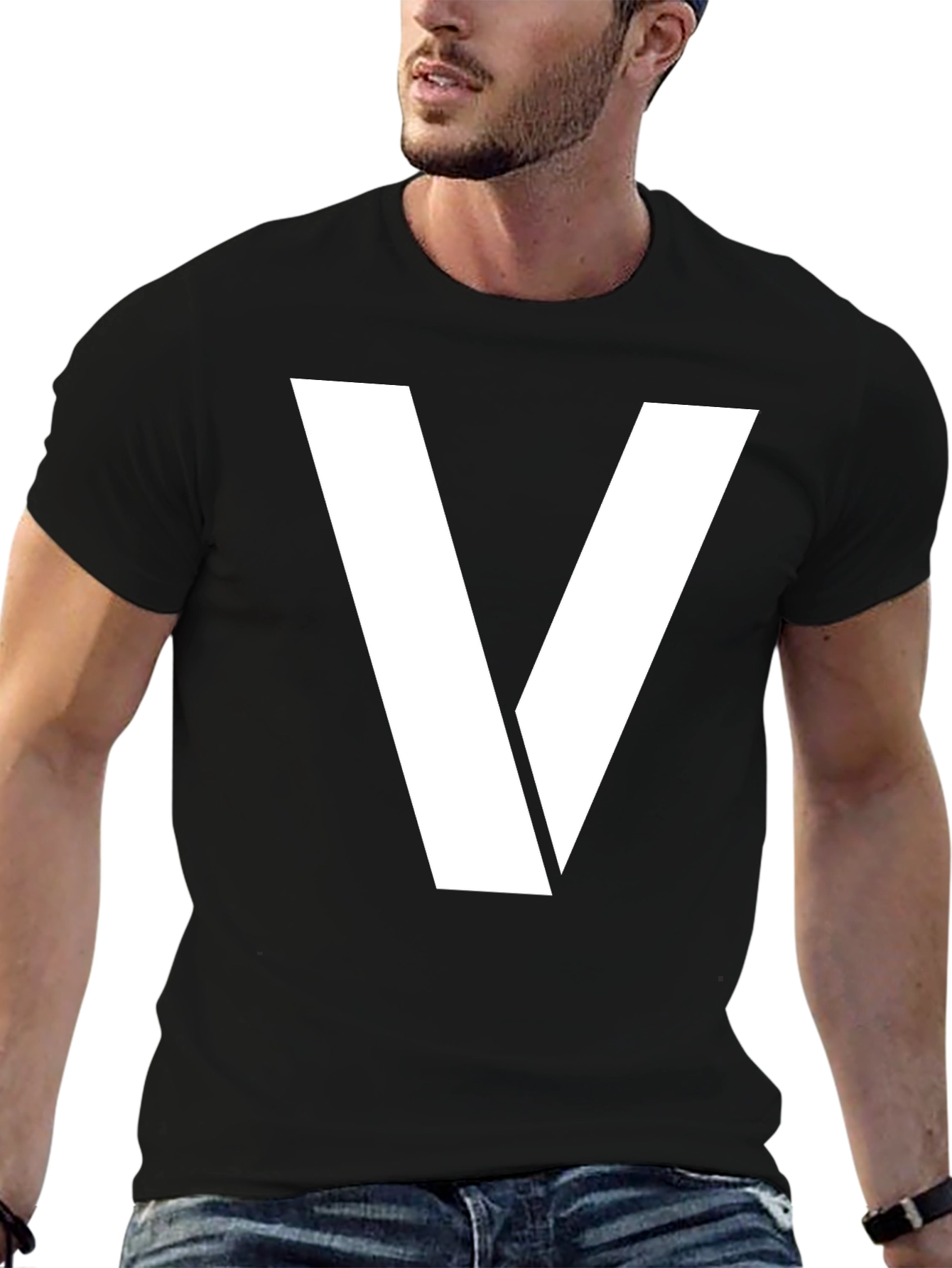Bold White V Graphic Black T-Shirt