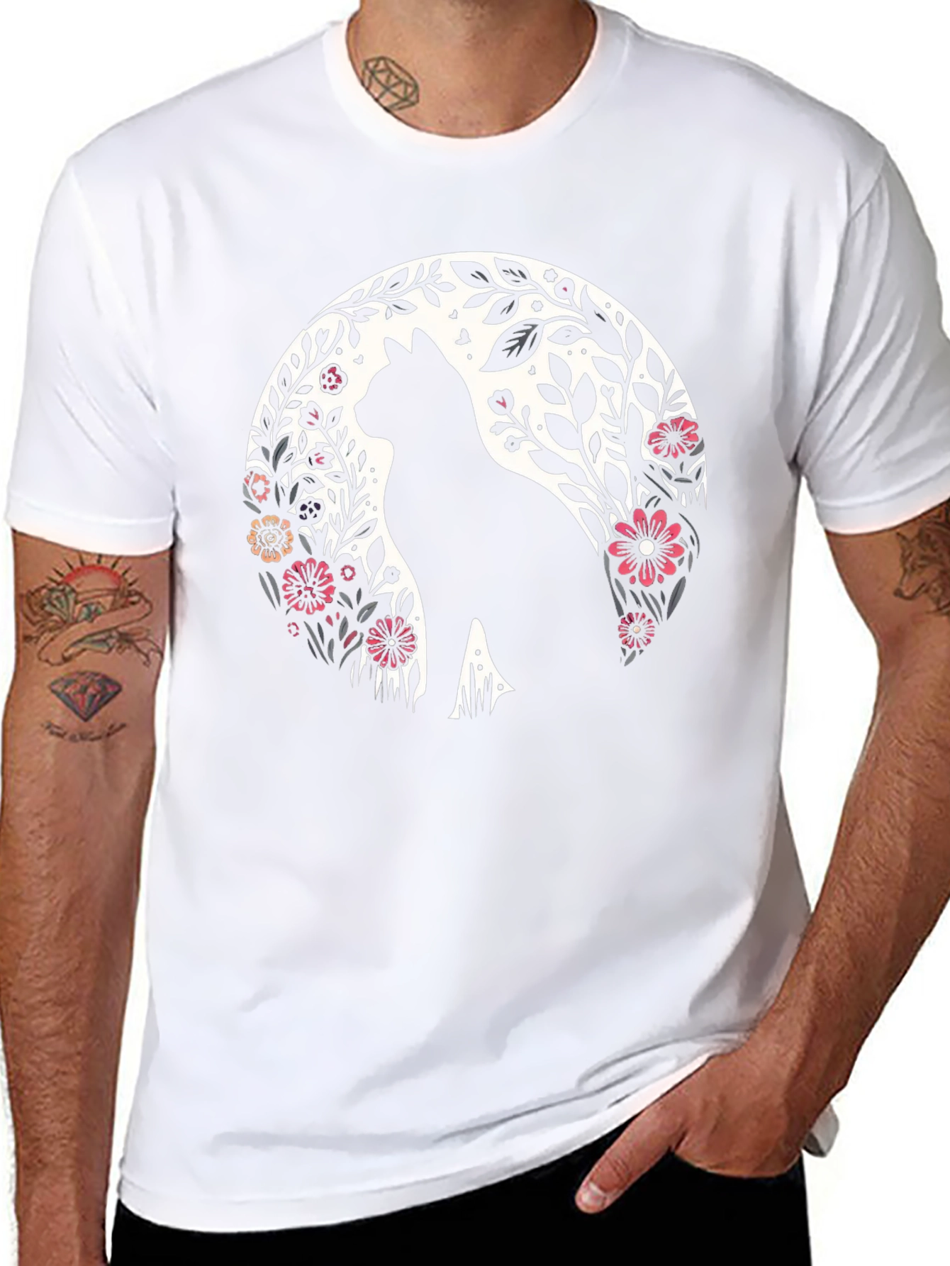 Floral Cat Silhouette T-Shirt
