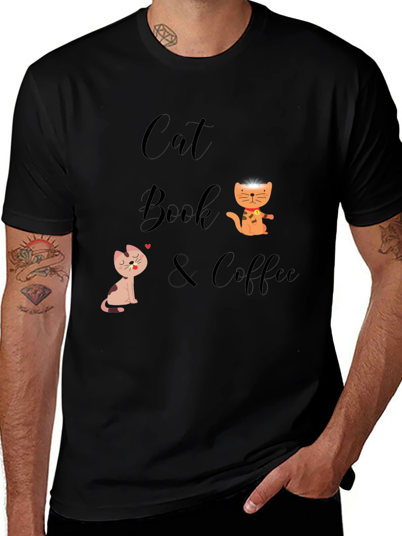 Cat Book & Coffee Graphic T-Shirt