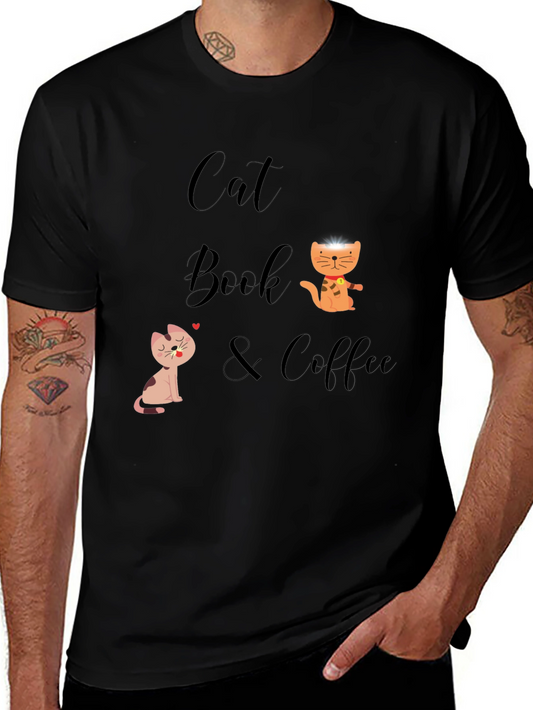 Cat Book & Coffee Graphic T-Shirt