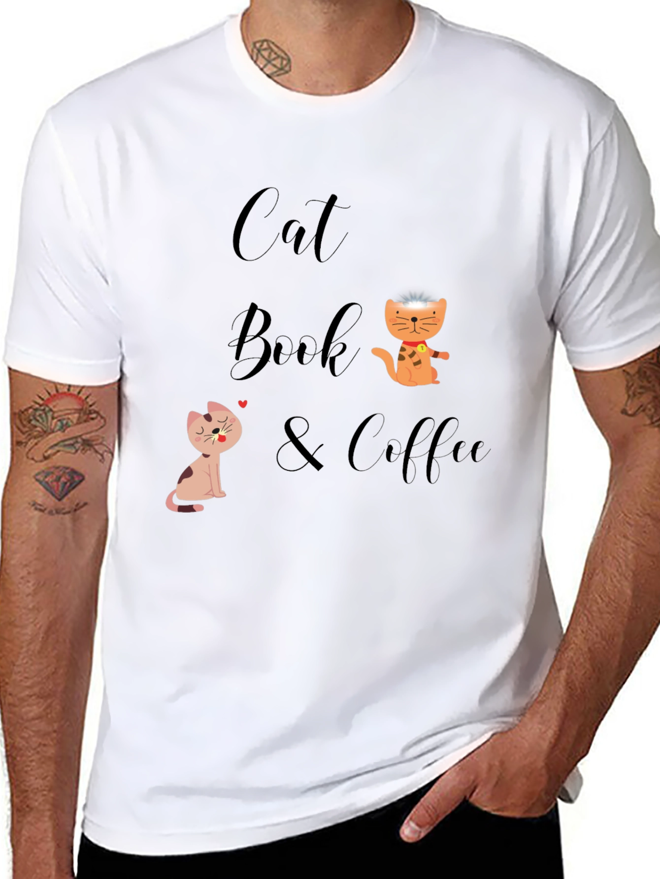 Cat Book & Coffee Graphic T-Shirt
