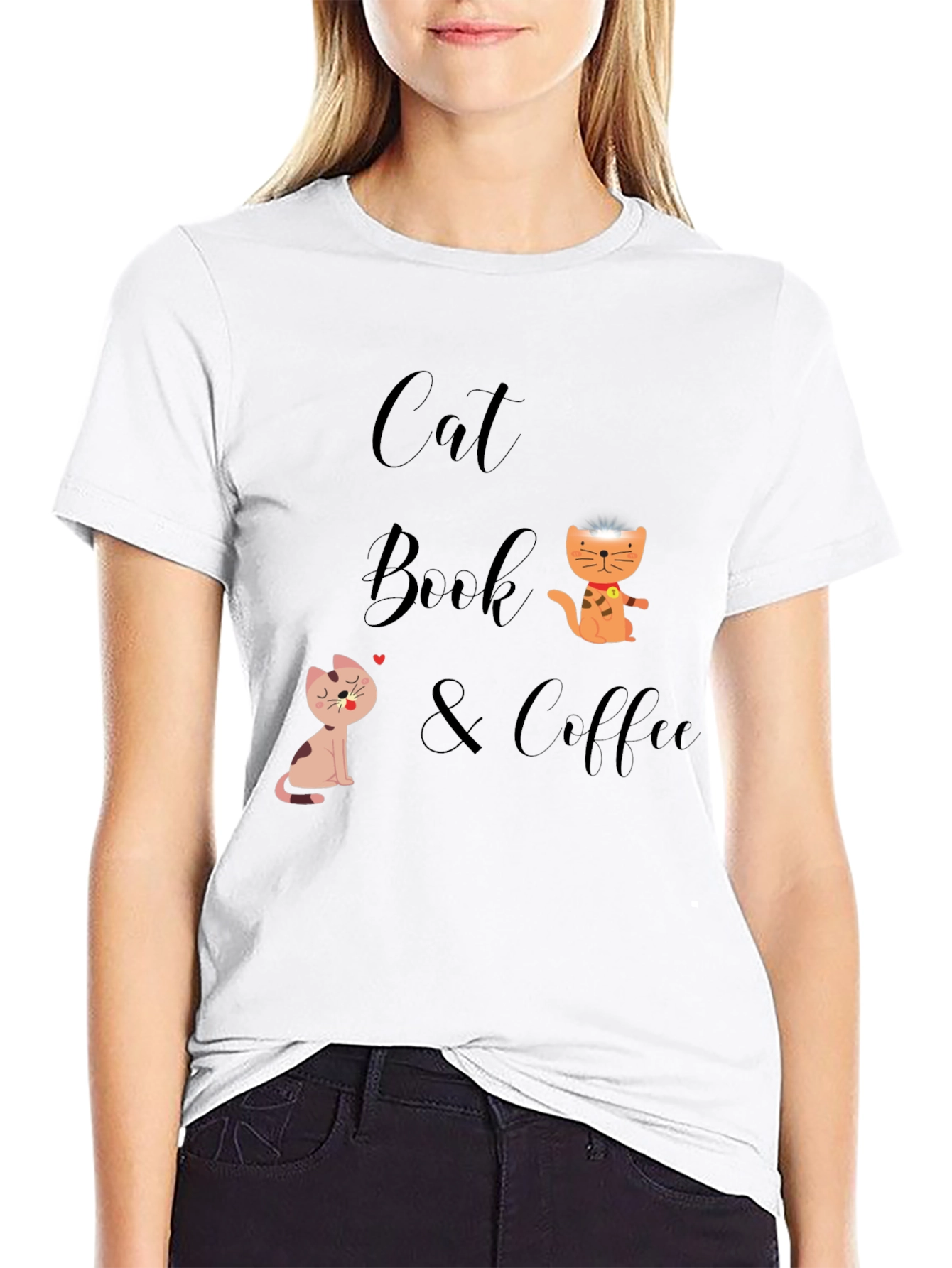 Cat Book & Coffee Graphic T-Shirt
