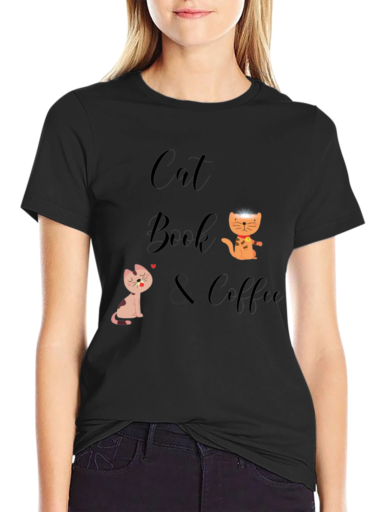 Cat Book & Coffee Graphic T-Shirt