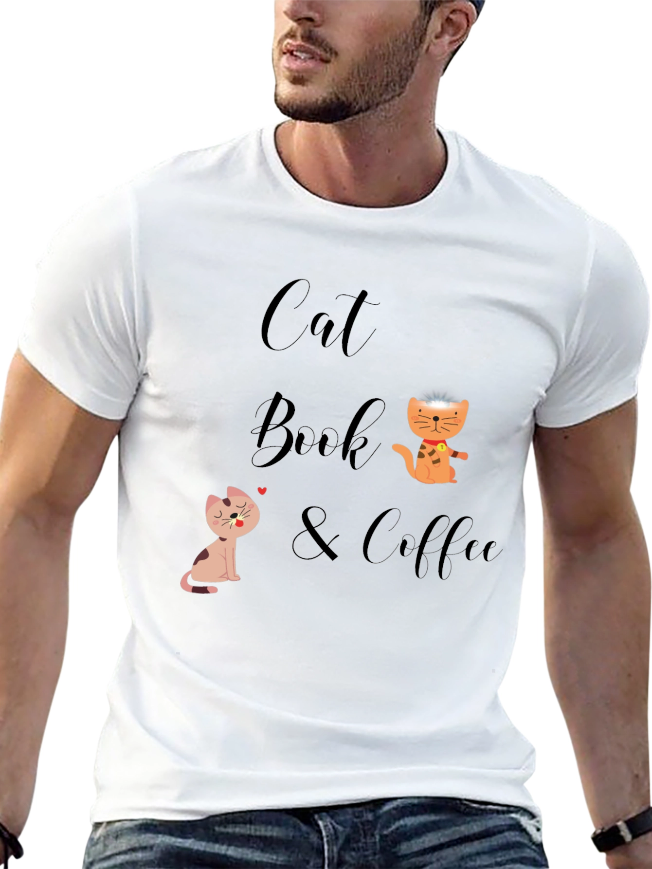 Cat Book & Coffee Graphic T-Shirt