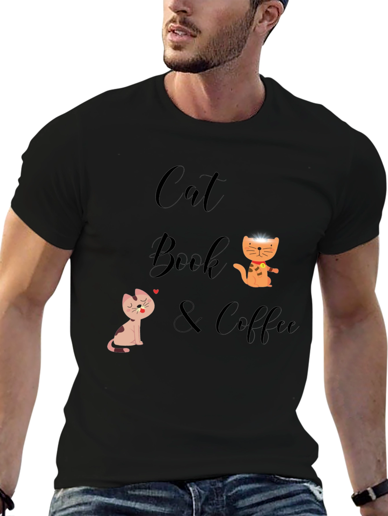 Cat Book & Coffee Graphic T-Shirt