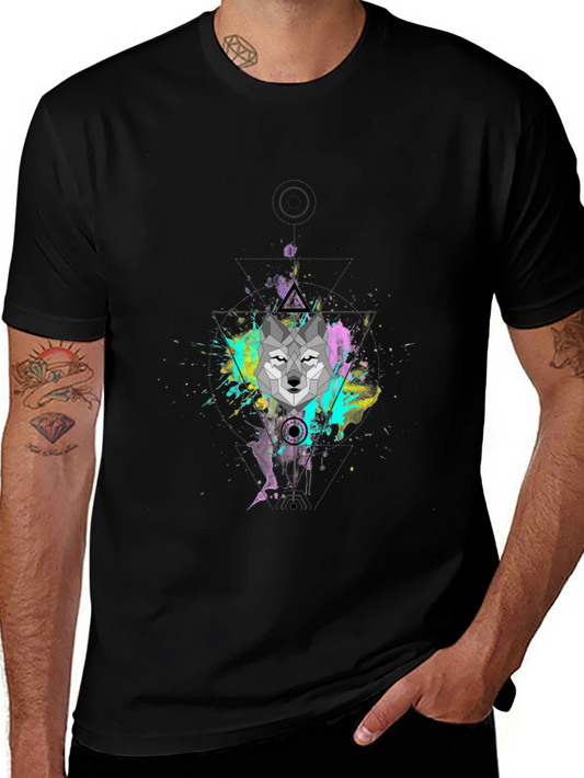 Geometric Wolf Graphic Black T-Shirt