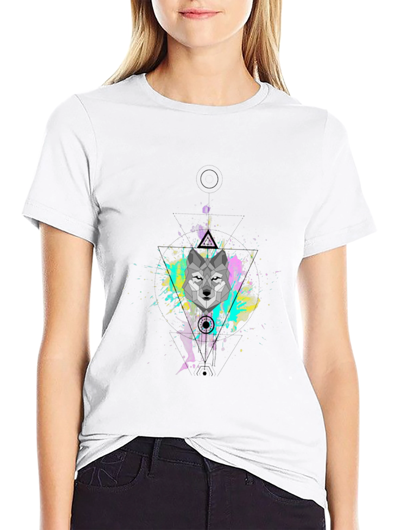 Geometric Wolf Graphic Black T-Shirt