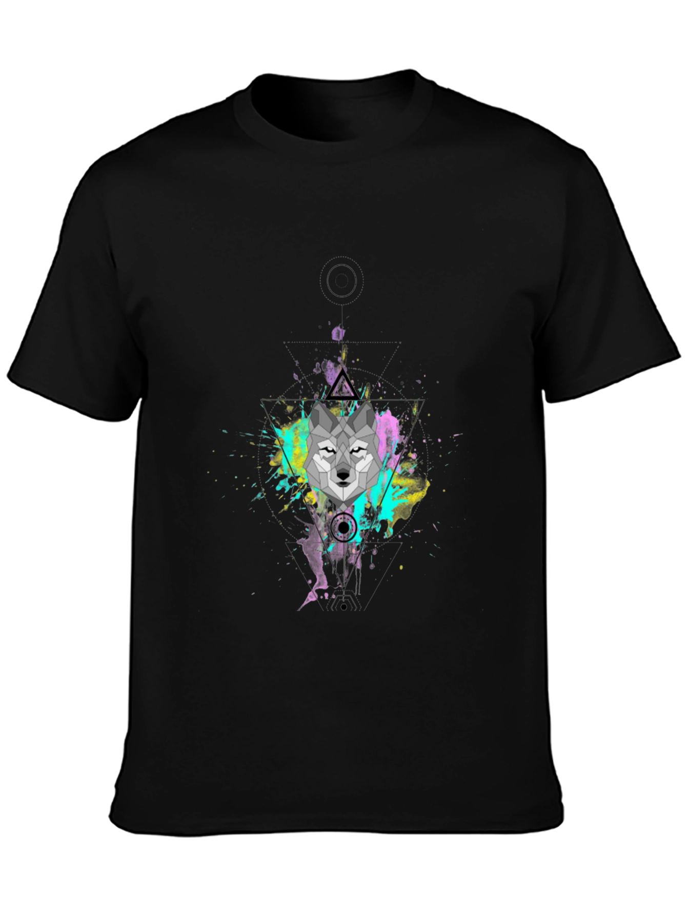 Geometric Wolf Graphic Black T-Shirt