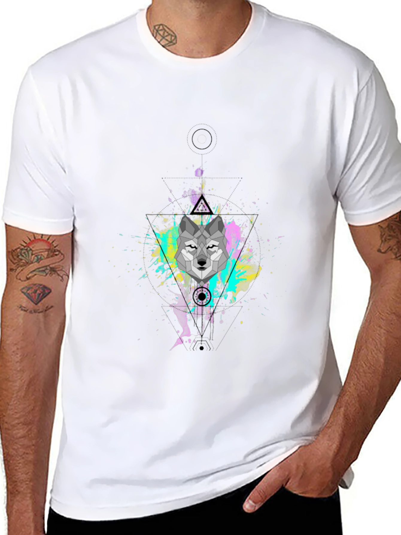 Geometric Wolf Graphic Black T-Shirt