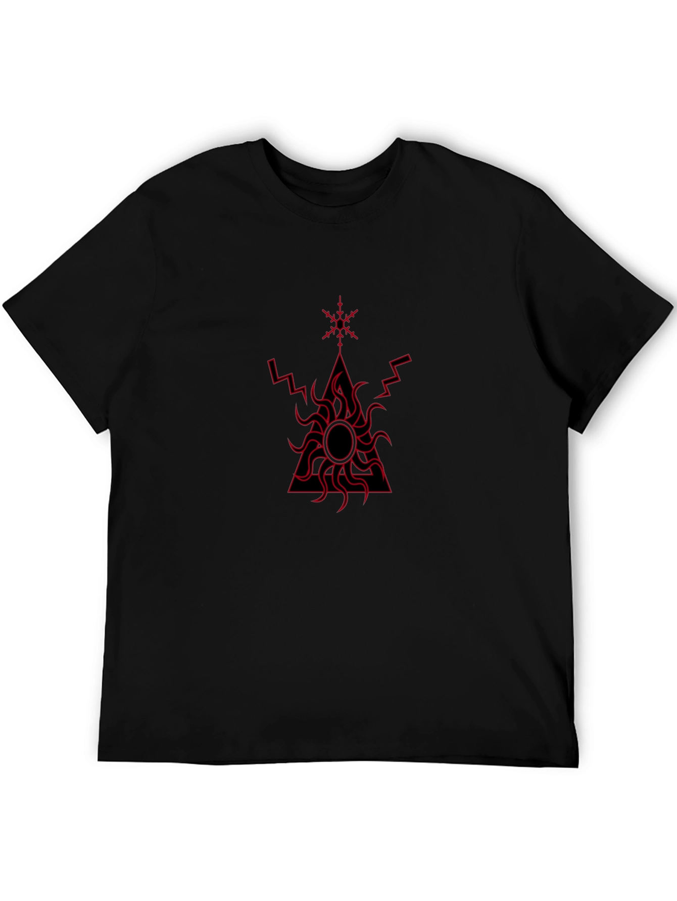 Black T-Shirt with Red Geometric Sun Design