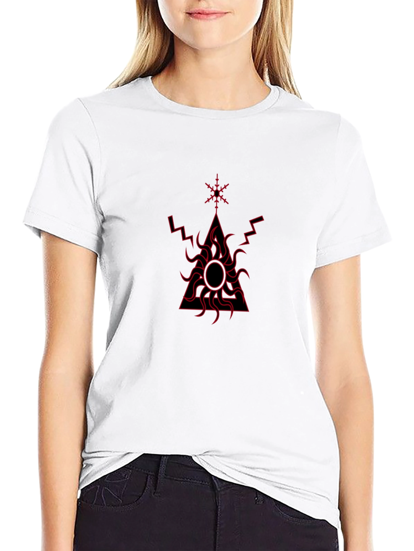 Black T-Shirt with Red Geometric Sun Design