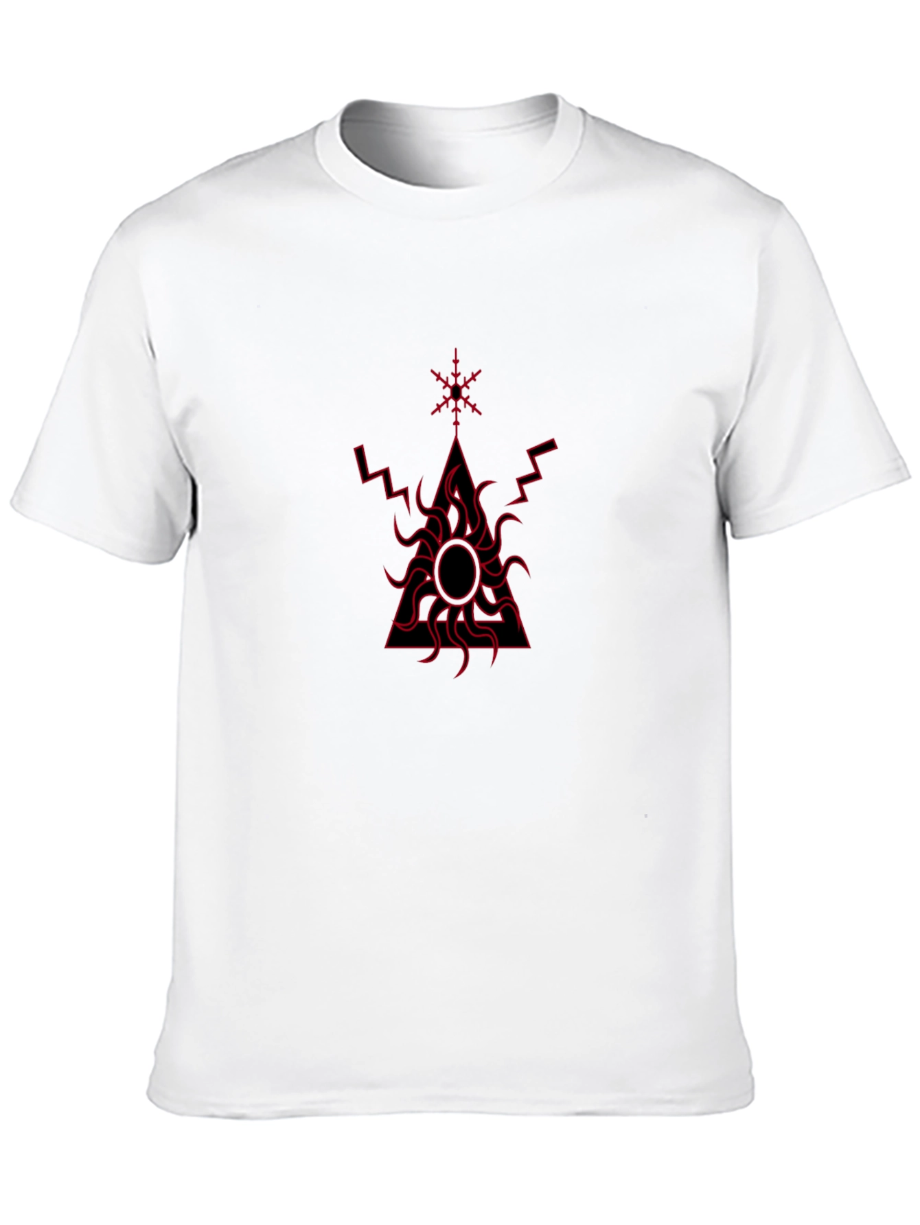 Black T-Shirt with Red Geometric Sun Design