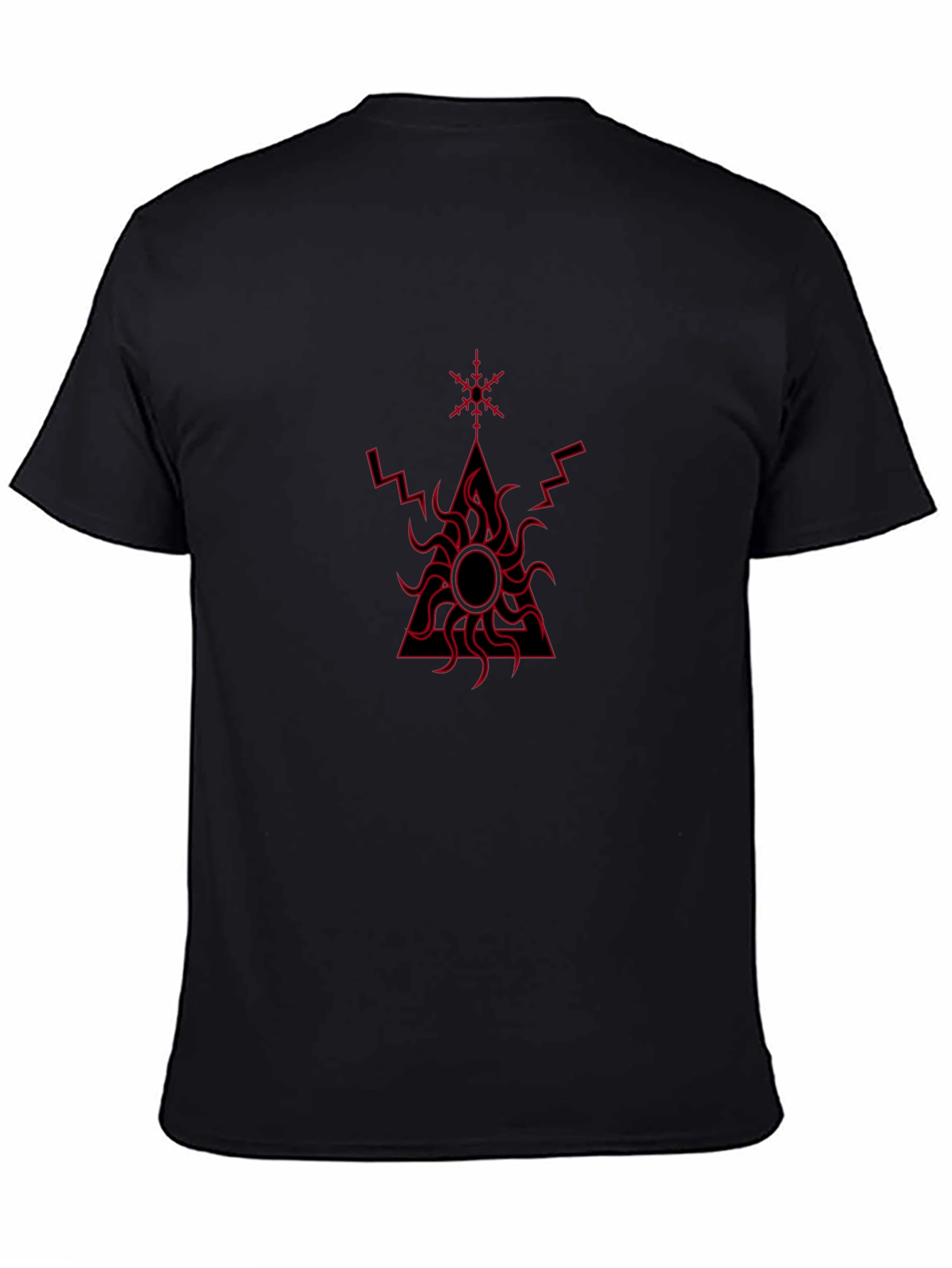 Black T-Shirt with Red Geometric Sun Design