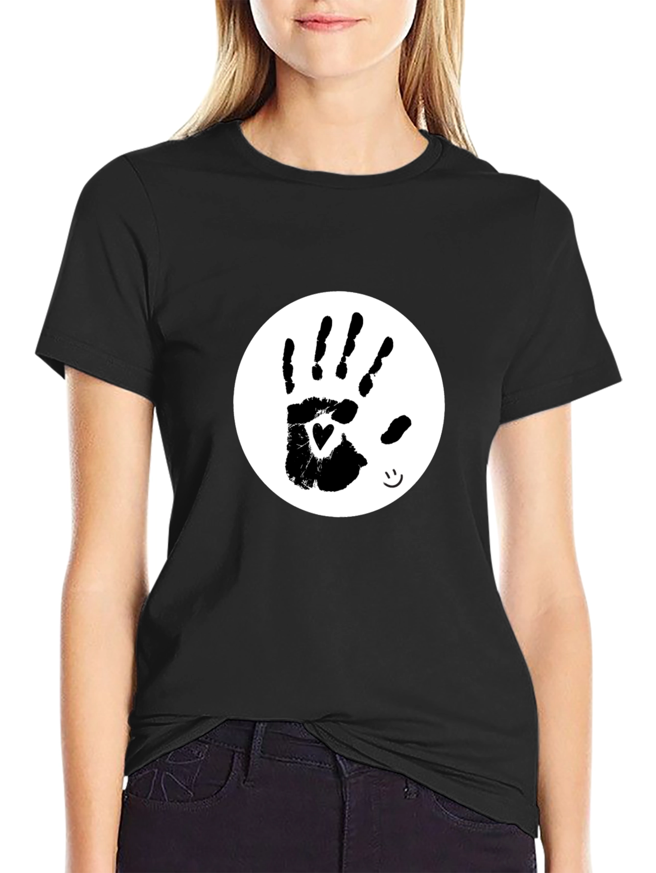 Heart Handprint Tee - Black Cotton Blend T-Shirt
