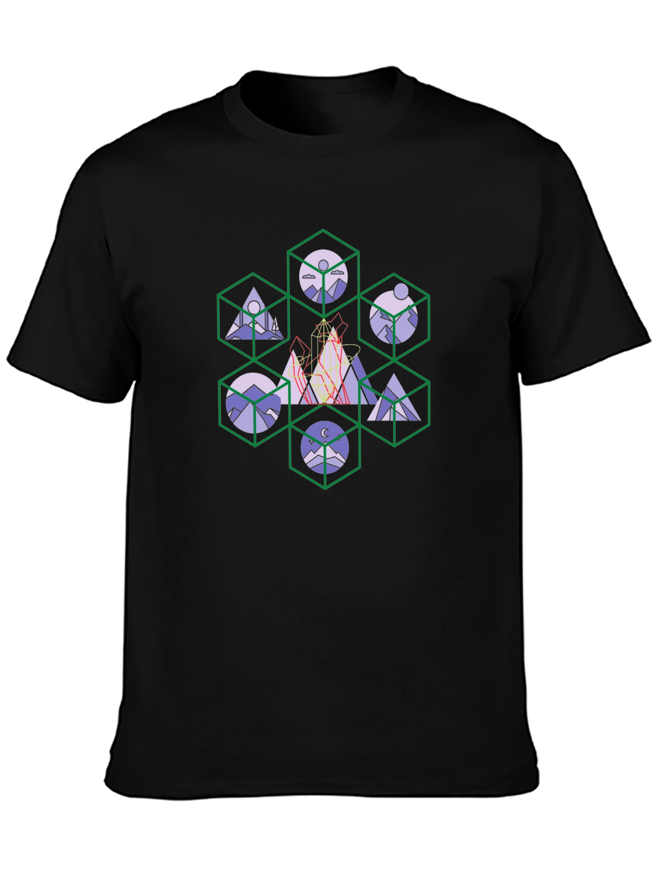 Geometric Mountain Design Black T-Shirt