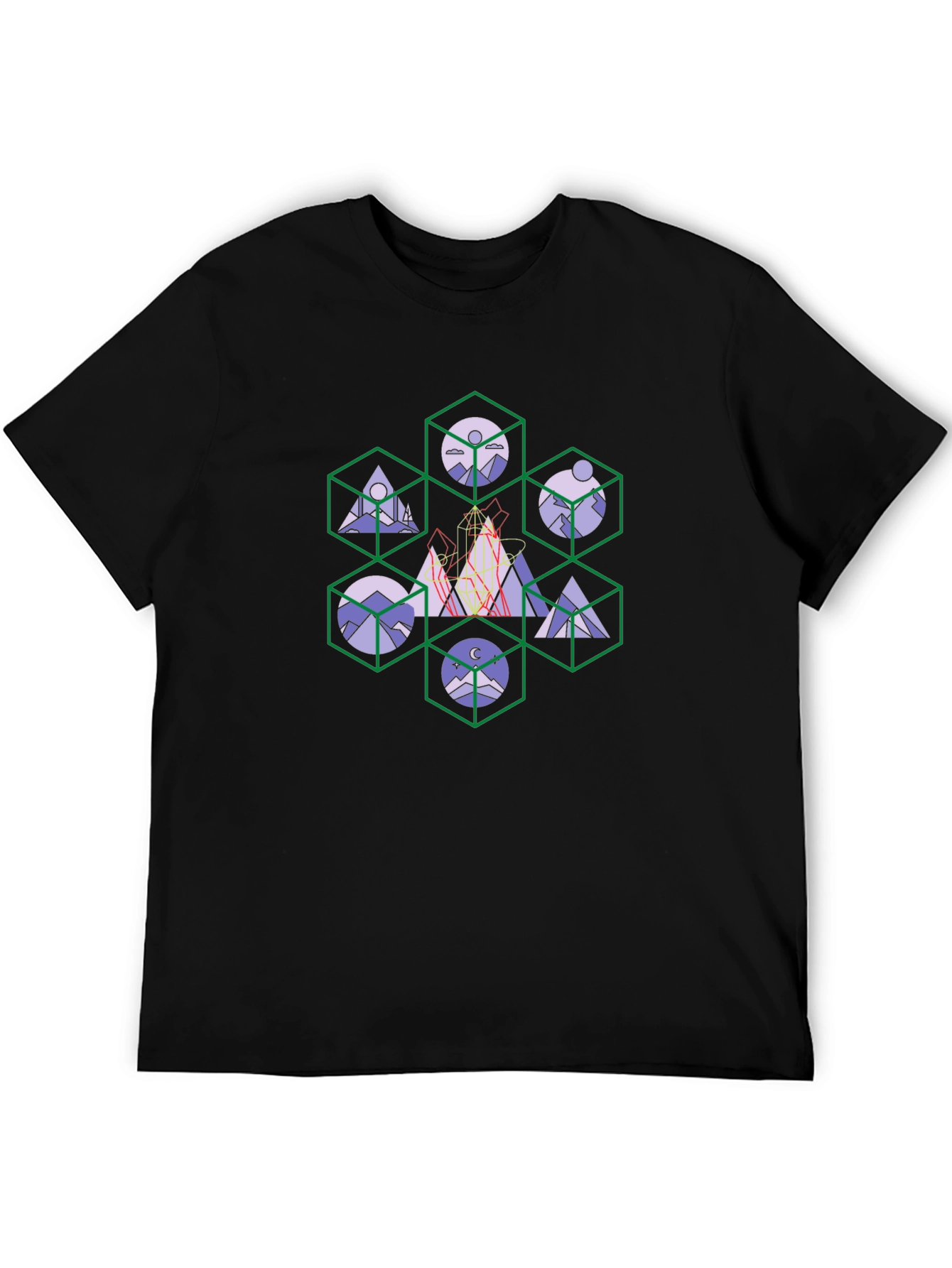 Geometric Mountain Design Black T-Shirt