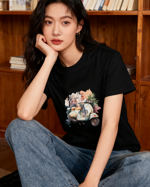 Artistic Watercolor Vintage Scooter Graphic T-Shirt - 100% Cotton, Versatile for Multiple Occasions