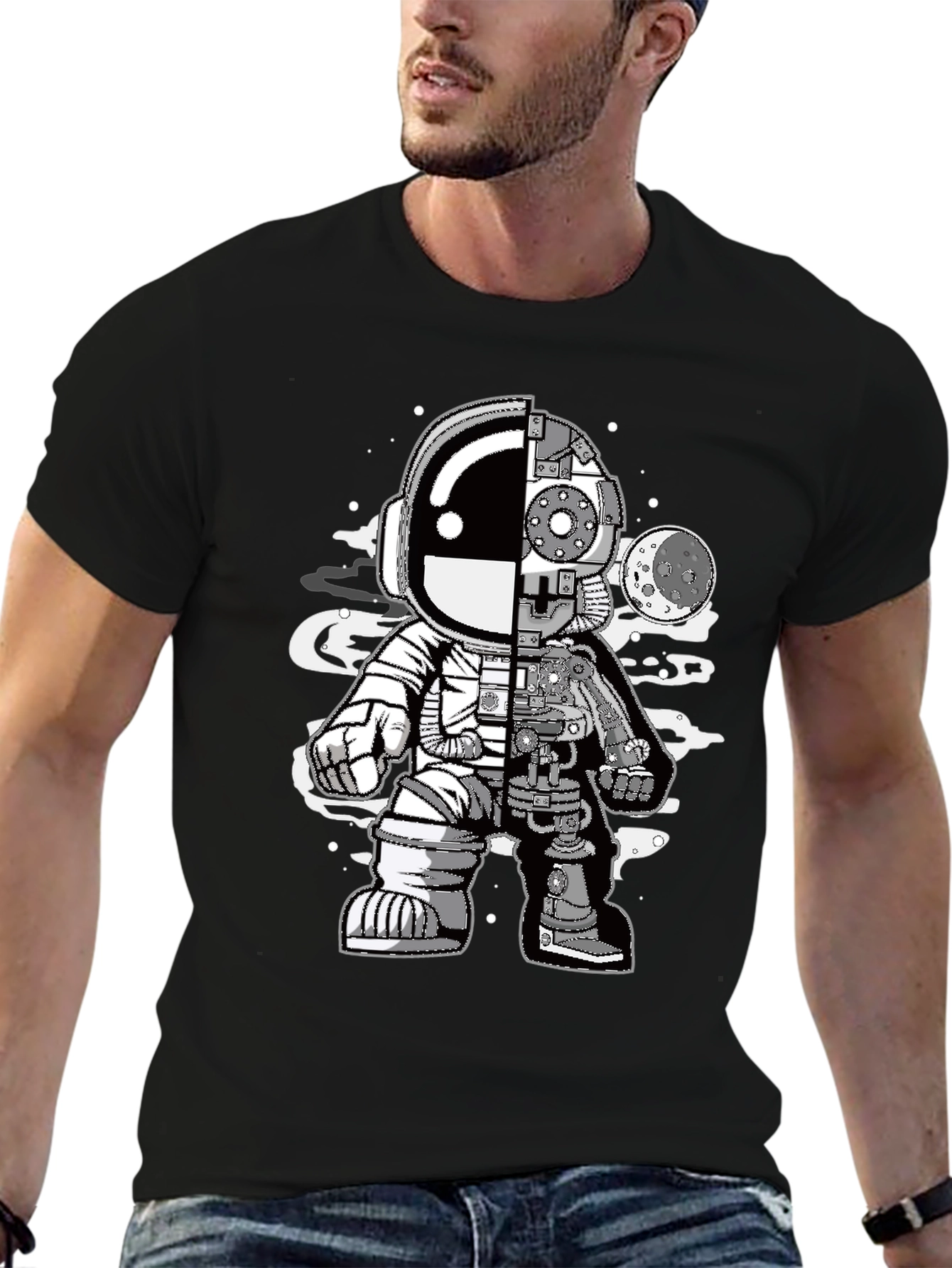 Astronaut Half Machine Graphic Tee - Unique Design