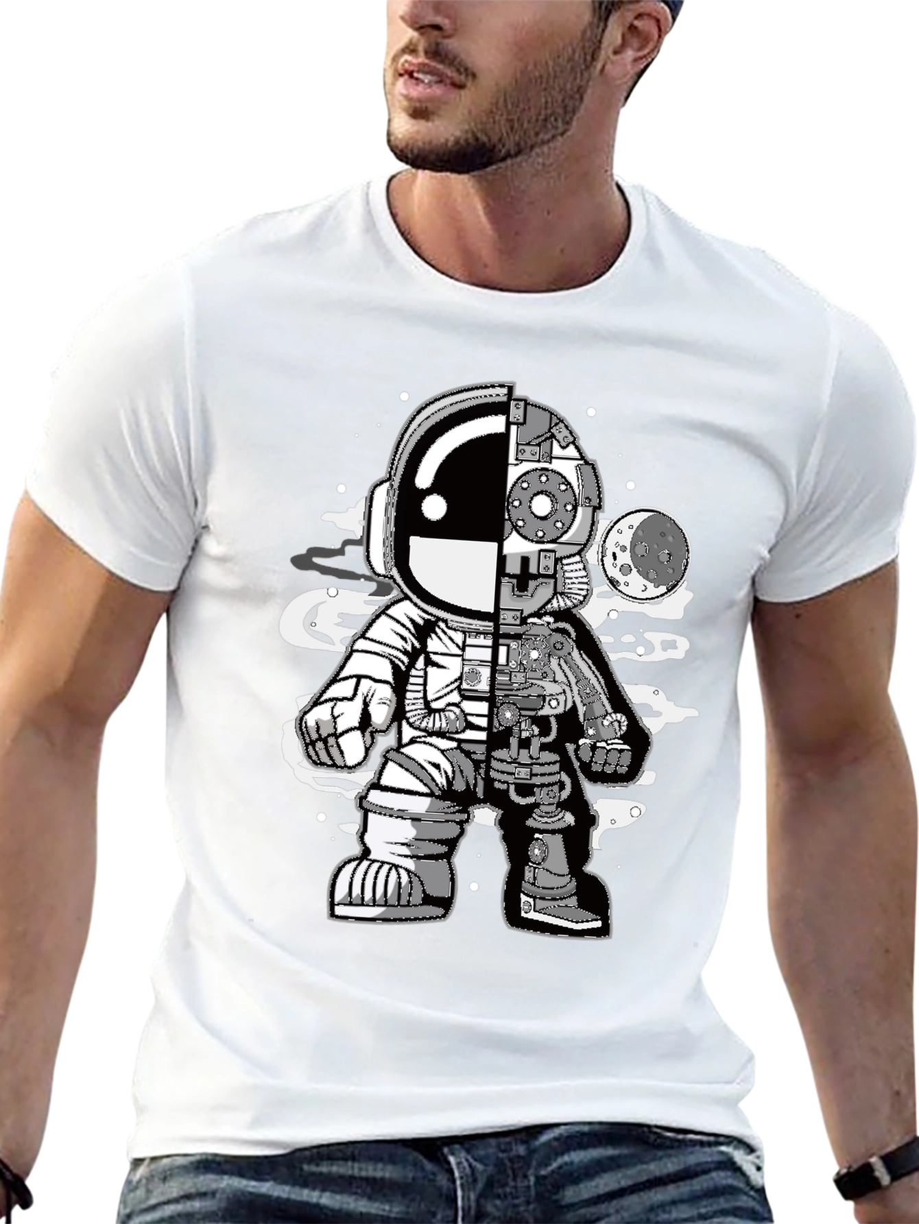 Astronaut Half Machine Graphic Tee - Unique Design