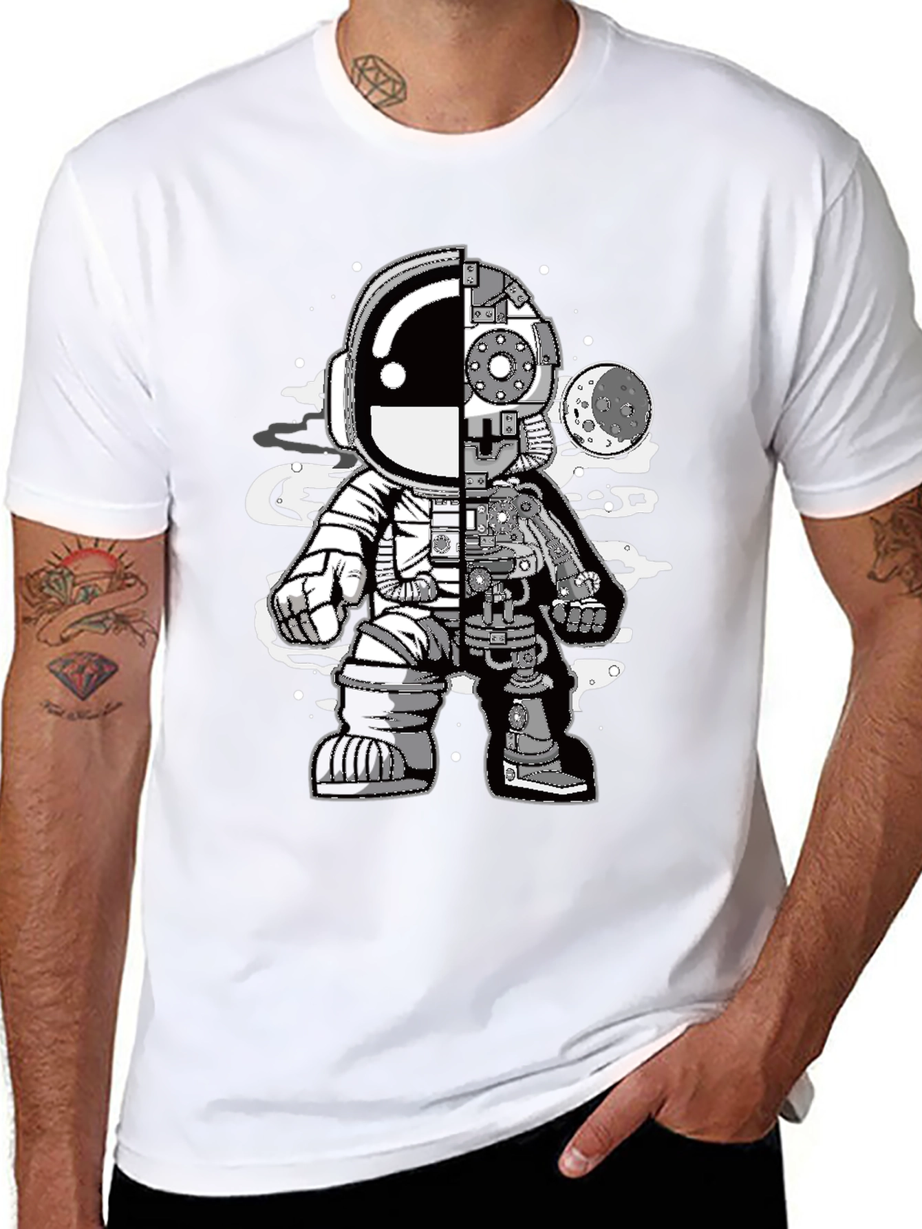 Astronaut Half Machine Graphic Tee - Unique Design