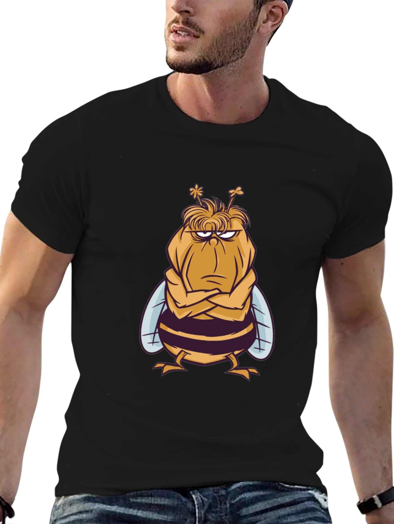 Grumpy Bee Graphic Tee - Black Cotton Blend T-Shirt