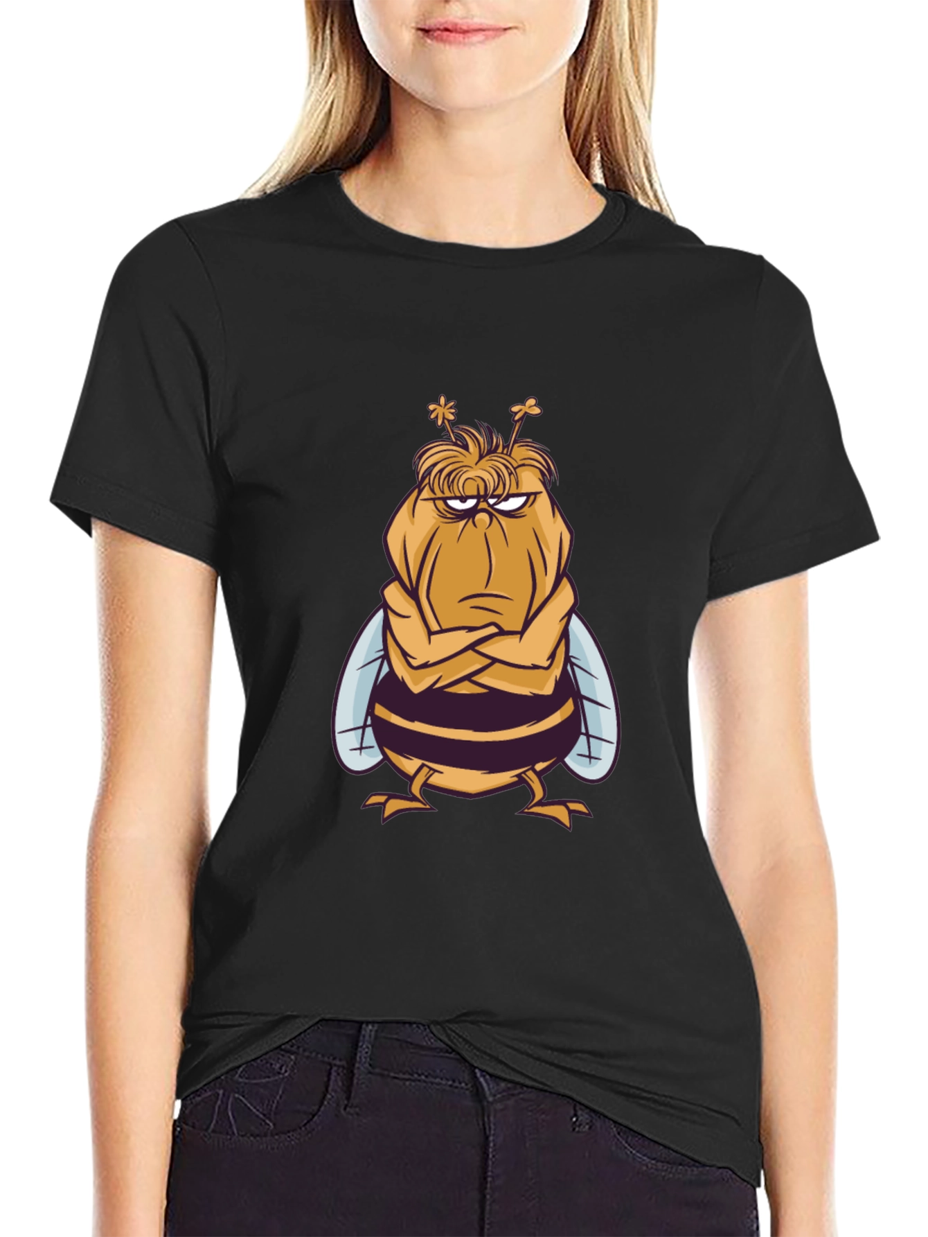 Grumpy Bee Graphic Tee - Black Cotton Blend T-Shirt