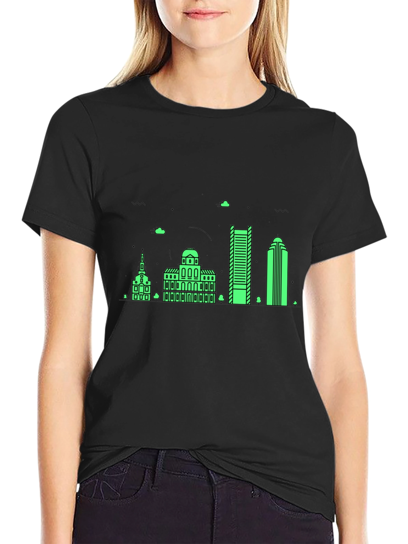 Black T-Shirt with Neon Green Building Graphic