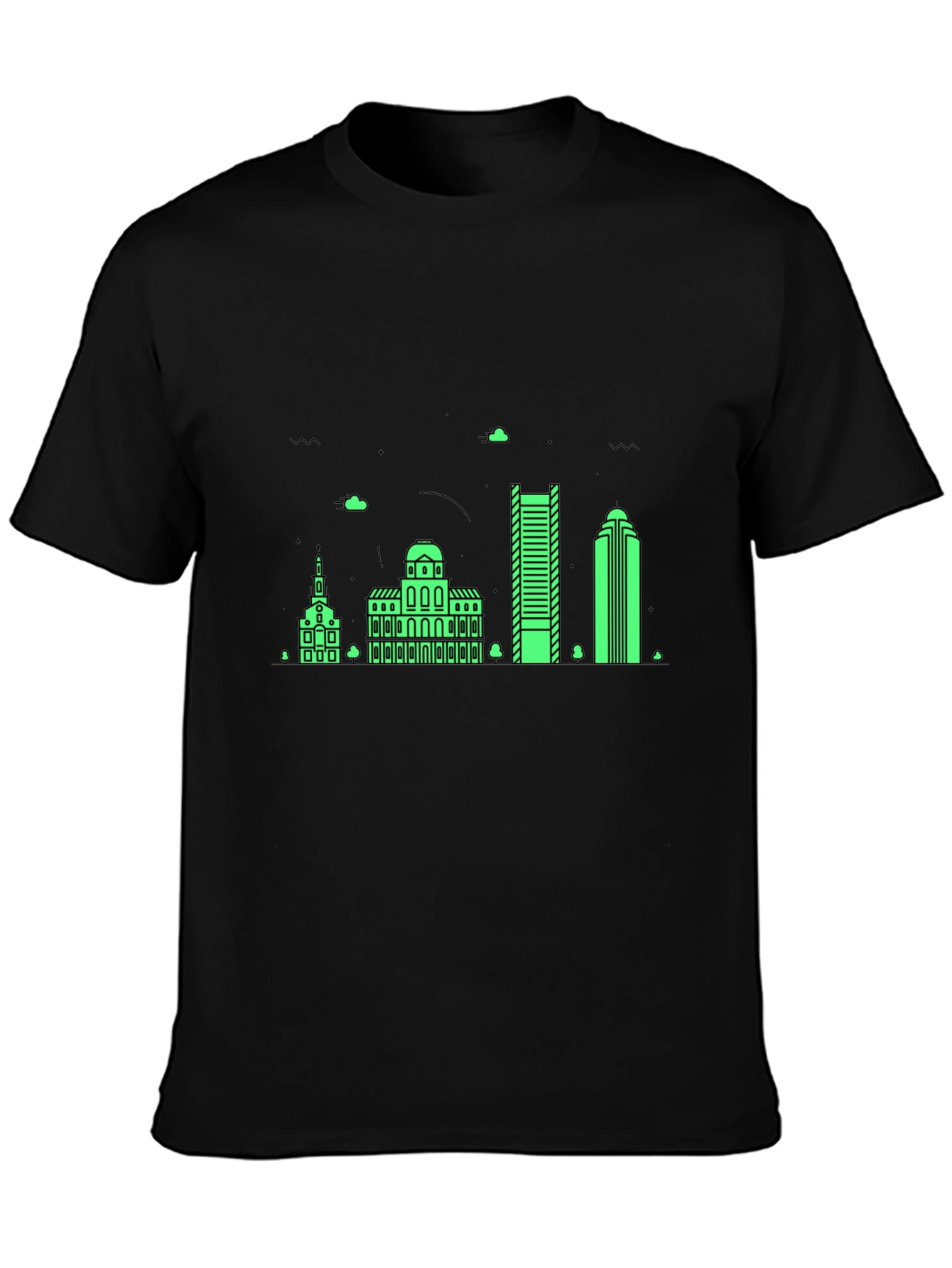 Black T-Shirt with Neon Green Building Graphic