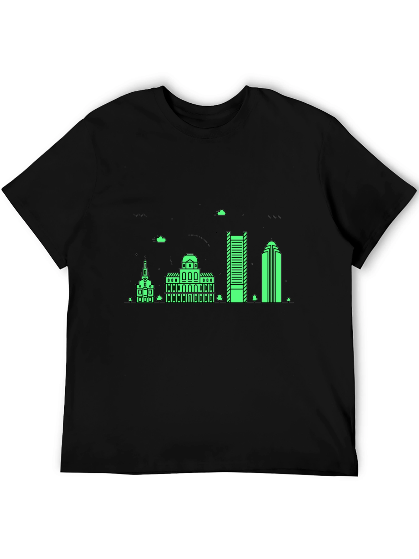 Black T-Shirt with Neon Green Building Graphic