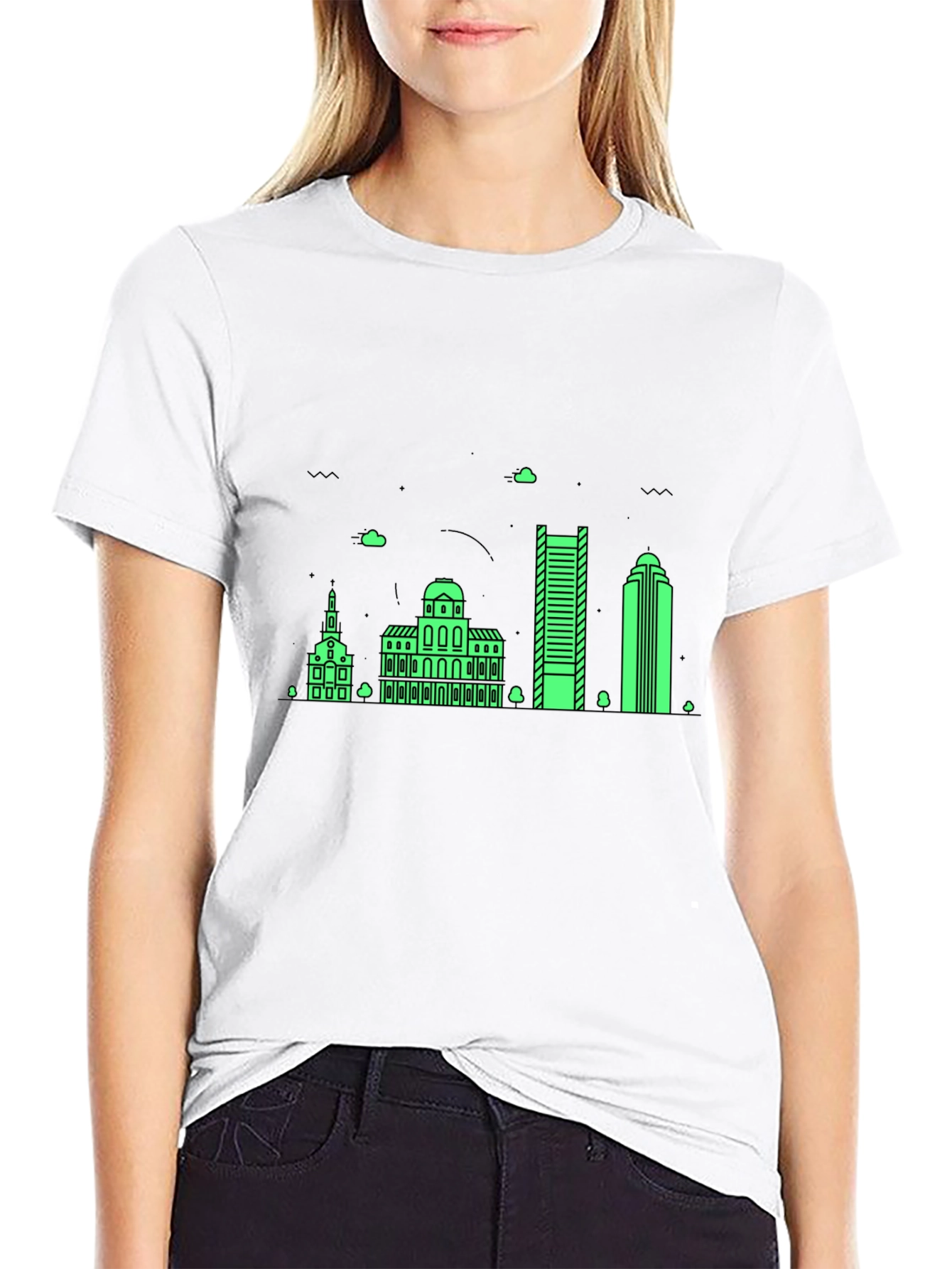 Black T-Shirt with Neon Green Building Graphic
