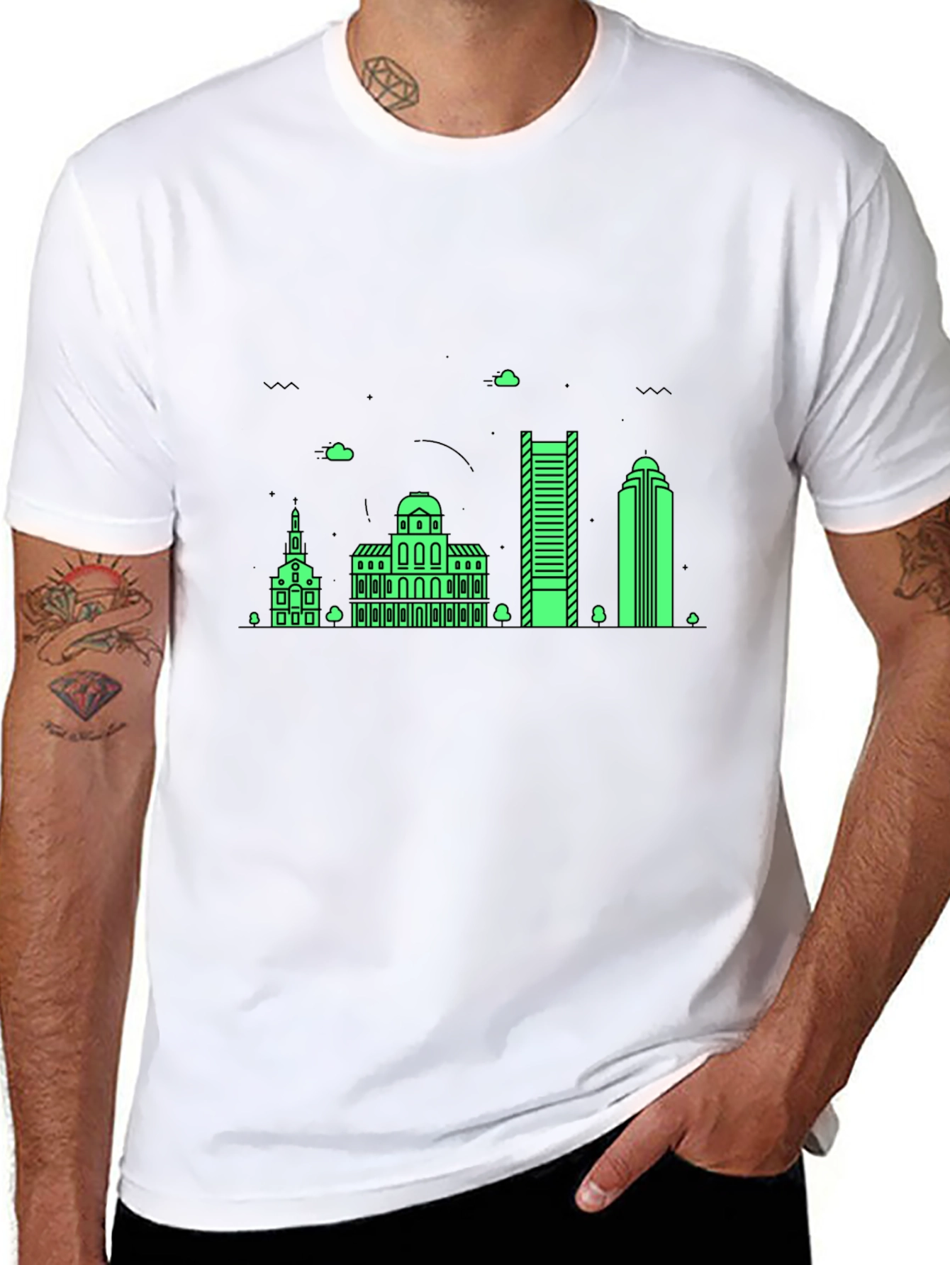 Black T-Shirt with Neon Green Building Graphic