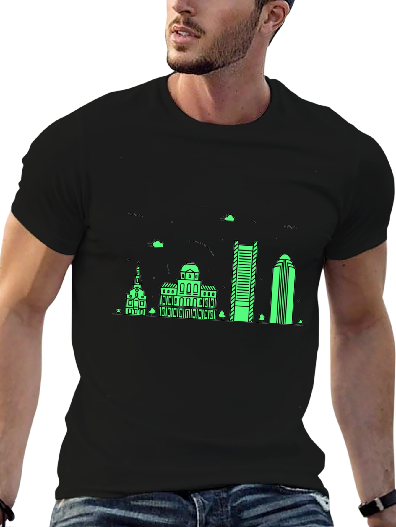 Black T-Shirt with Neon Green Building Graphic